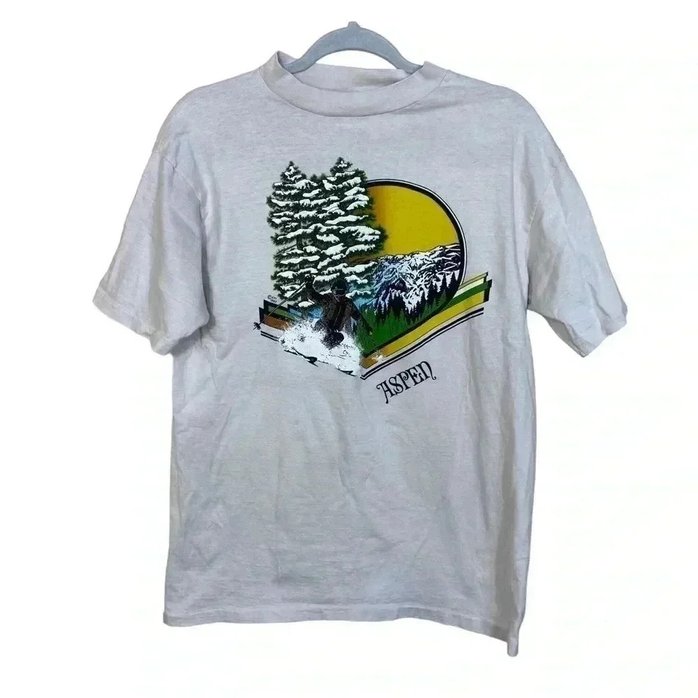 Aspen Hanes beefy tshirt single stitch 1982 80s skiing mountain graphic shirt
